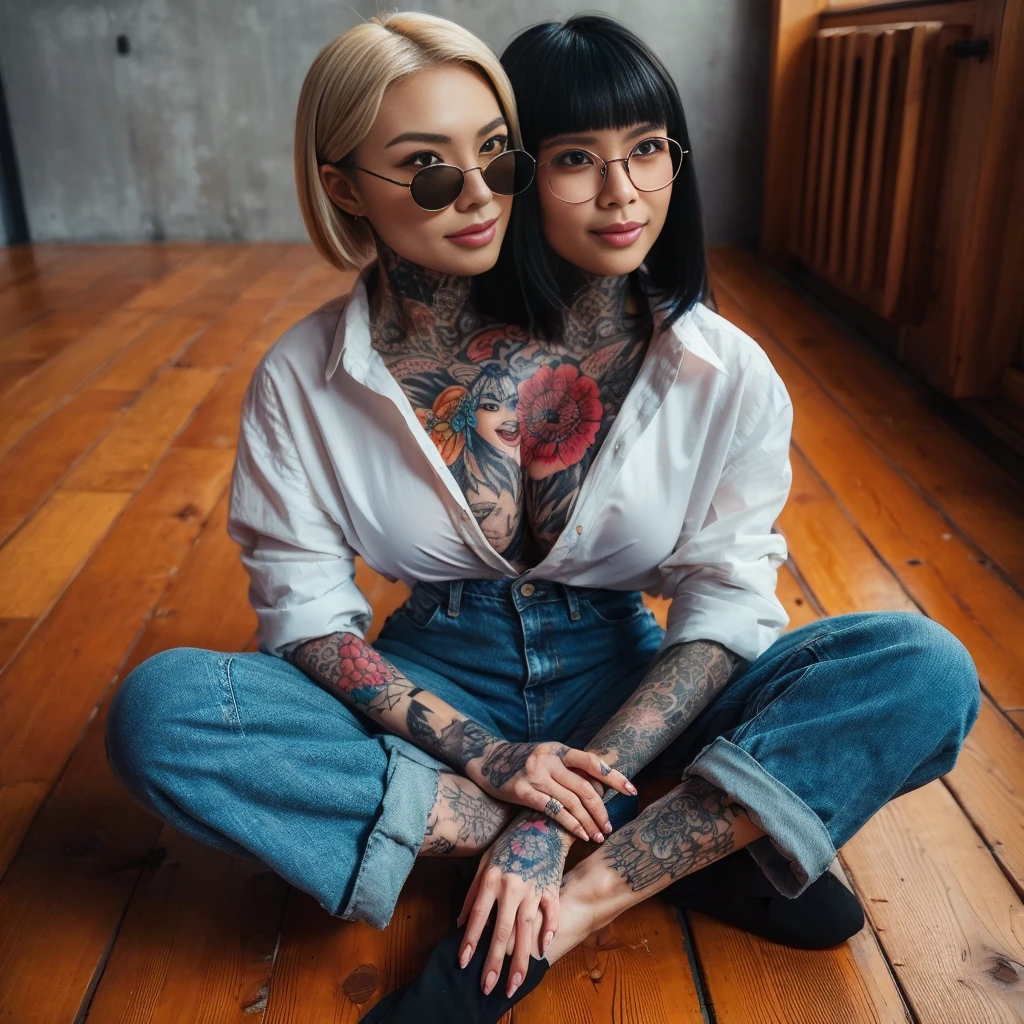 2heads, best resolution. japanese woman with two heads, smiling different faces, button shirt, jeans, yakuza tattoo, shades sovks