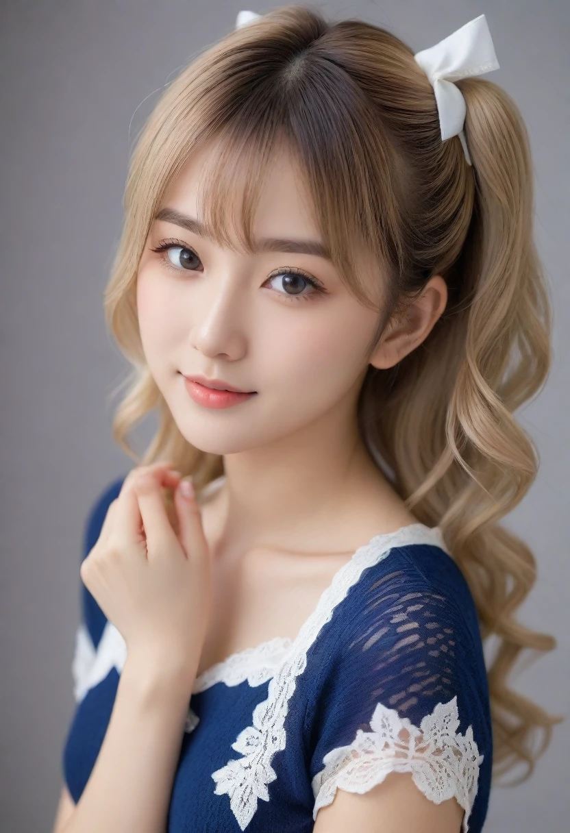 8K, Ultra-high resolution, Highest quality, masterpiece, 三分割法によるphotograph,Surreal, photograph, 1 Girl, (16 years old:1.3), pretty girl, Cute face, Beautiful eyes in every detail, In detail,masterpiece,, One Girl:1.2, Japan Female Announcer,(A very cute 20 year old young woman from Japan.), ((Light blonde delicate hair)), ((Short hair with side waves and twin tails)),(((Slim and slender figure))),Medium bust size、Small breasts、 (((Clean your hands))),(curly/curly髪),(((A very kind smile))), (((She is wearing navy blue and white lace panties.))),(((She is wearing a navy blue and white knitted dress.))) ,((Highest quality, 16 k race, Pieces fly: 1.3)), Light on the face, Highly detailed face, Highly detailed lips, Fine grain,