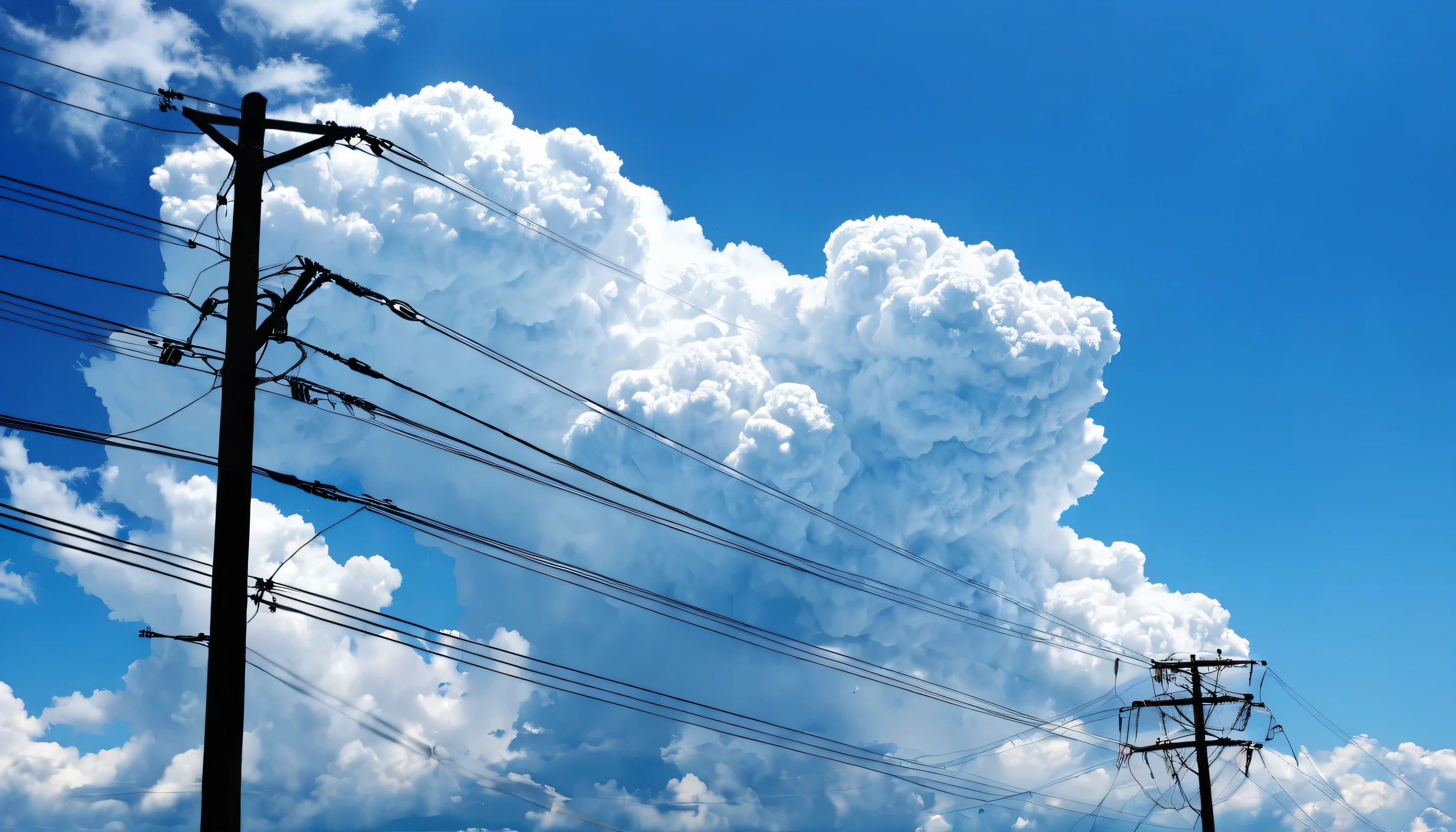 wallpaper, Summer blue sky, Electric pole, cumulonimbus, electric wire, Midday, Hyper Detail、movie, Surrealism, soft, Ray Tracing、diffusion (Ultrafine glass reflection)、Surrealism。