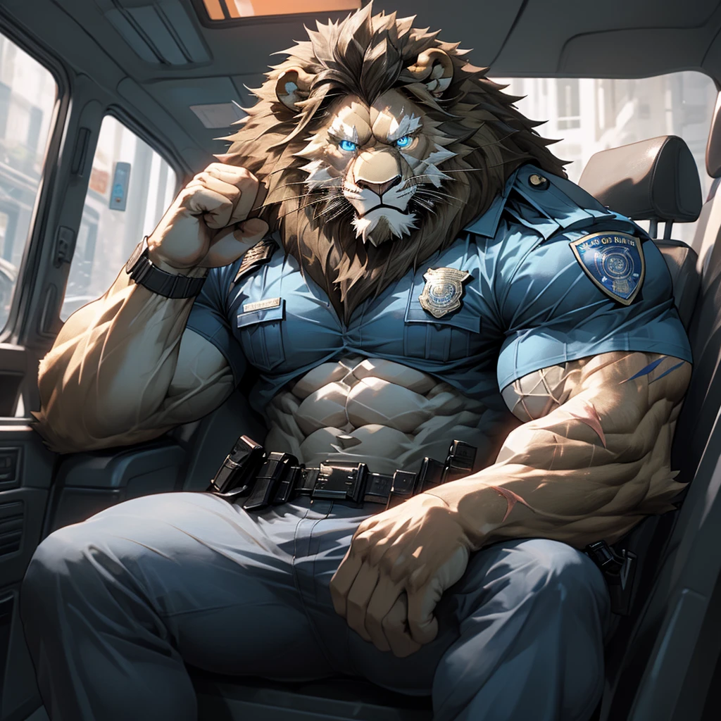 Sitting in police car with muscular police officer serious face(scars in the face)Mature (blue eyes)Huge muscle ripped abs wild,Wild Lion Officer