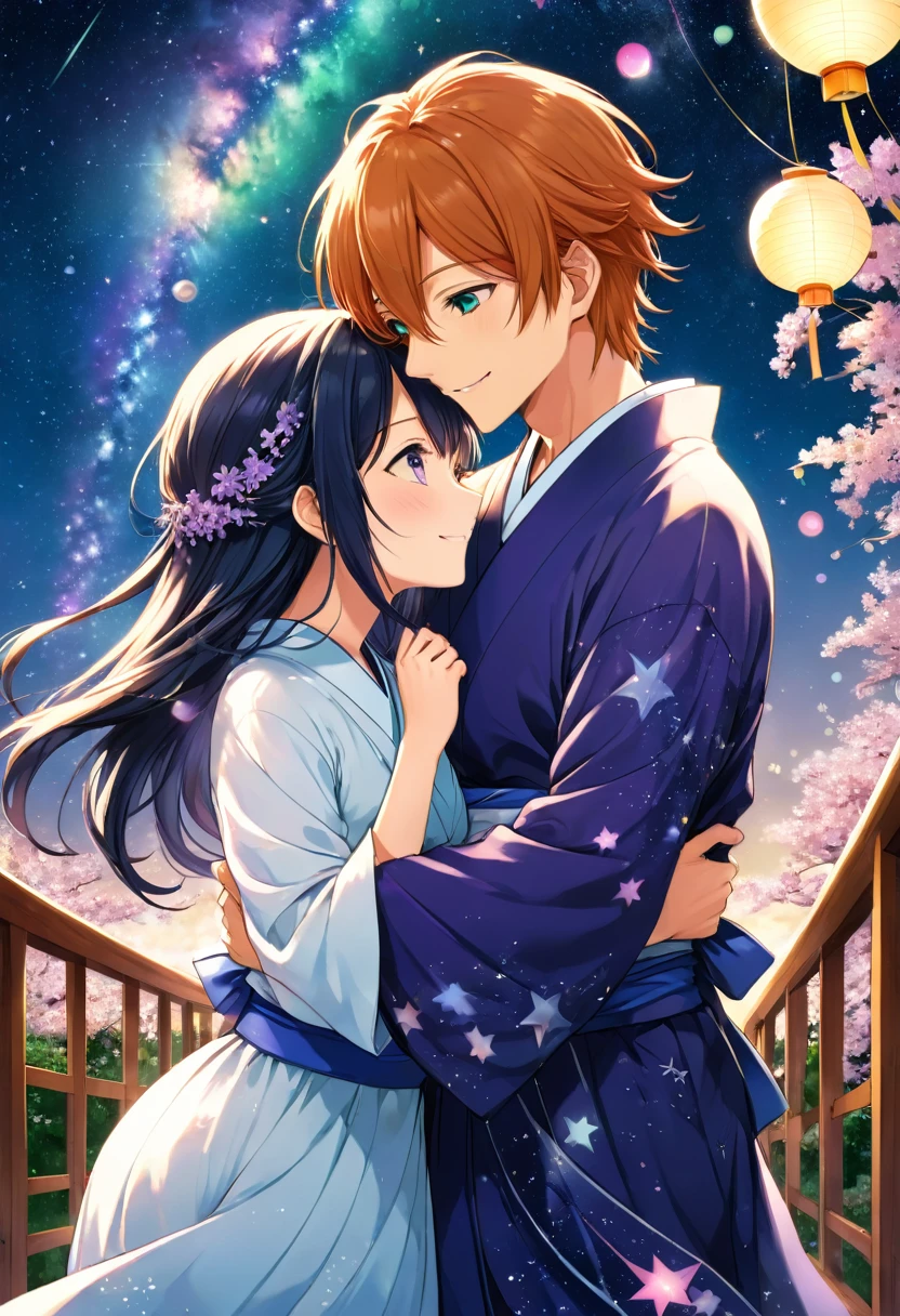 On the night of Tanabata, the sky is filled with countless twinkling stars. Orihime and Hikoboshi, lovers allowed to meet only once a year by crossing the Milky Way, finally reunite. Orihime has long black hair that sways in the breeze, wearing a deep indigo kimono. Her eyes sparkle a violet hue, reminiscent of the starry sky, and her face is delicate and kind. Hikoboshi, with short brown hair, wears a fresh blue robe that reflects the sky. His eyes are green, and his muscular build complements his gentle smile. They meet on the bridge over the Milky Way, holding hands and smiling warmly at each other. Orihime's hand gracefully rests on Hikoboshi's shoulder, while Hikoboshi's hand gently supports Orihime's waist. Their faces radiate happiness and love. "I've been waiting for you, Orihime," says Hikoboshi. "Me too, Hikoboshi. I've longed to see you," replies Orihime. "Not a day has gone by that I haven't thought of you this past year," Hikoboshi whispers. "I feel the same. Life without you has been lonely," Orihime says, tearing up. "But now we're together. Let's cherish the time we have," Hikoboshi says, embracing her tightly. Around them, countless stars shine brightly, as if celebrating their love. Please turn this story into a manga and create five speech bubbles for comments. Make the final image in color, not black and white.