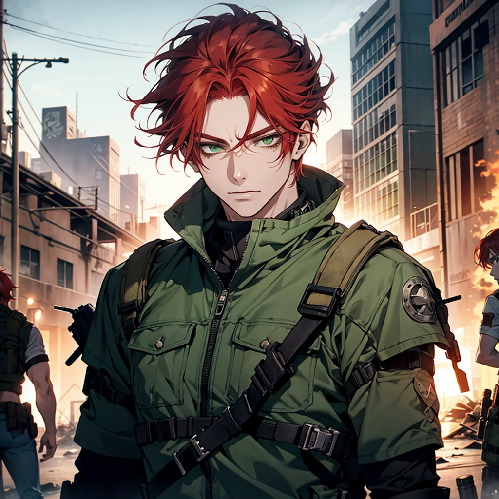 1 chico, redhead, high, muscular, White skin, parts, green eyes, postapocalyptic world, Technology