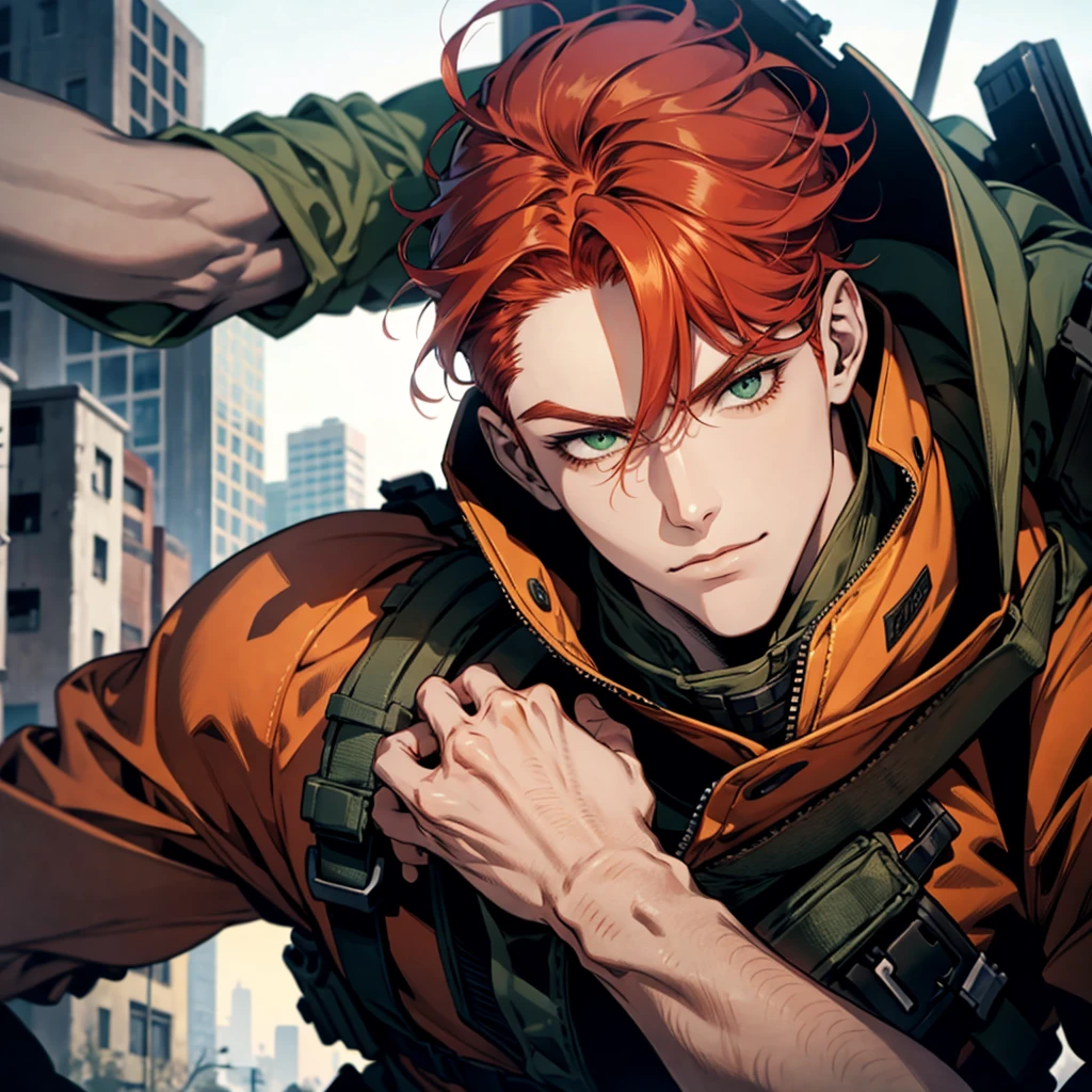 1 chico, redhead, high, muscular, White skin, parts, green eyes, postapocalyptic world, Technology