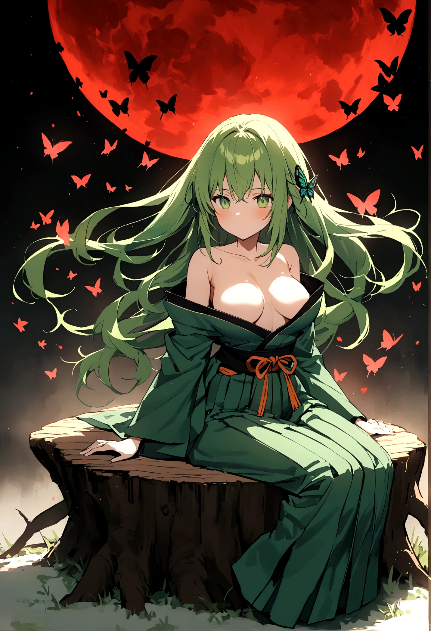 Beautiful anime style girl with long hair,(((Green Hair)))long medium hair,(((Highest quality)))Transparent Hair,Cool face,Confused face,(((Green Eyes))),Cool beautiful girl,(((A well-defined, glamorous body)))Tight waist,Big Breasts,(((flower柄の和服)))A beautiful and radical girl wearing a radical green kimono,(Butterfly ornament),胸元と足にflowerの刺青,((Hakama)),((Modified kimono with exposed chest)),Fair skin,(((Sexy pose))),(Sitting on a stump)),(Cross-legged figure),(((detailed)))Full Body Shot,Vine,flower,Countless butterflies,(((background)))fog,Red Moon,flower畑,In the dark forest。