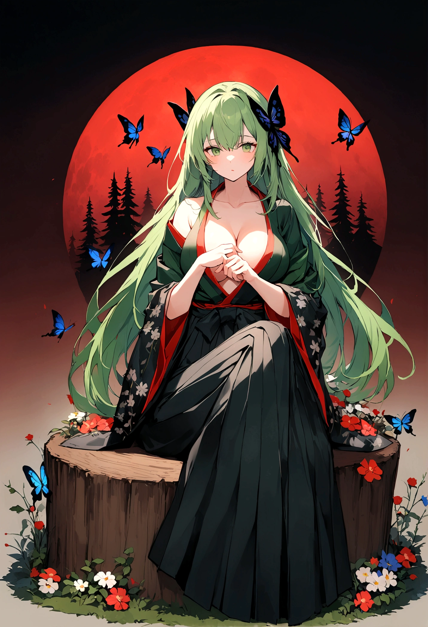 Beautiful anime style girl with long hair,(((Green Hair)))long medium hair,(((Highest quality)))Transparent Hair,Cool face,Confused face,(((Green Eyes))),Cool beautiful girl,(((A well-defined, glamorous body)))Tight waist,Big Breasts,(((flower柄の和服)))A beautiful and radical girl wearing a radical green kimono,(Butterfly ornament),胸元と足にflowerの刺青,((Hakama)),((Modified kimono with exposed chest)),Fair skin,(((Sexy pose))),(Sitting on a stump)),(Cross-legged figure),(((detailed)))Full Body Shot,Vine,flower,Countless butterflies,(((background)))fog,Red Moon,flower畑,In the dark forest。