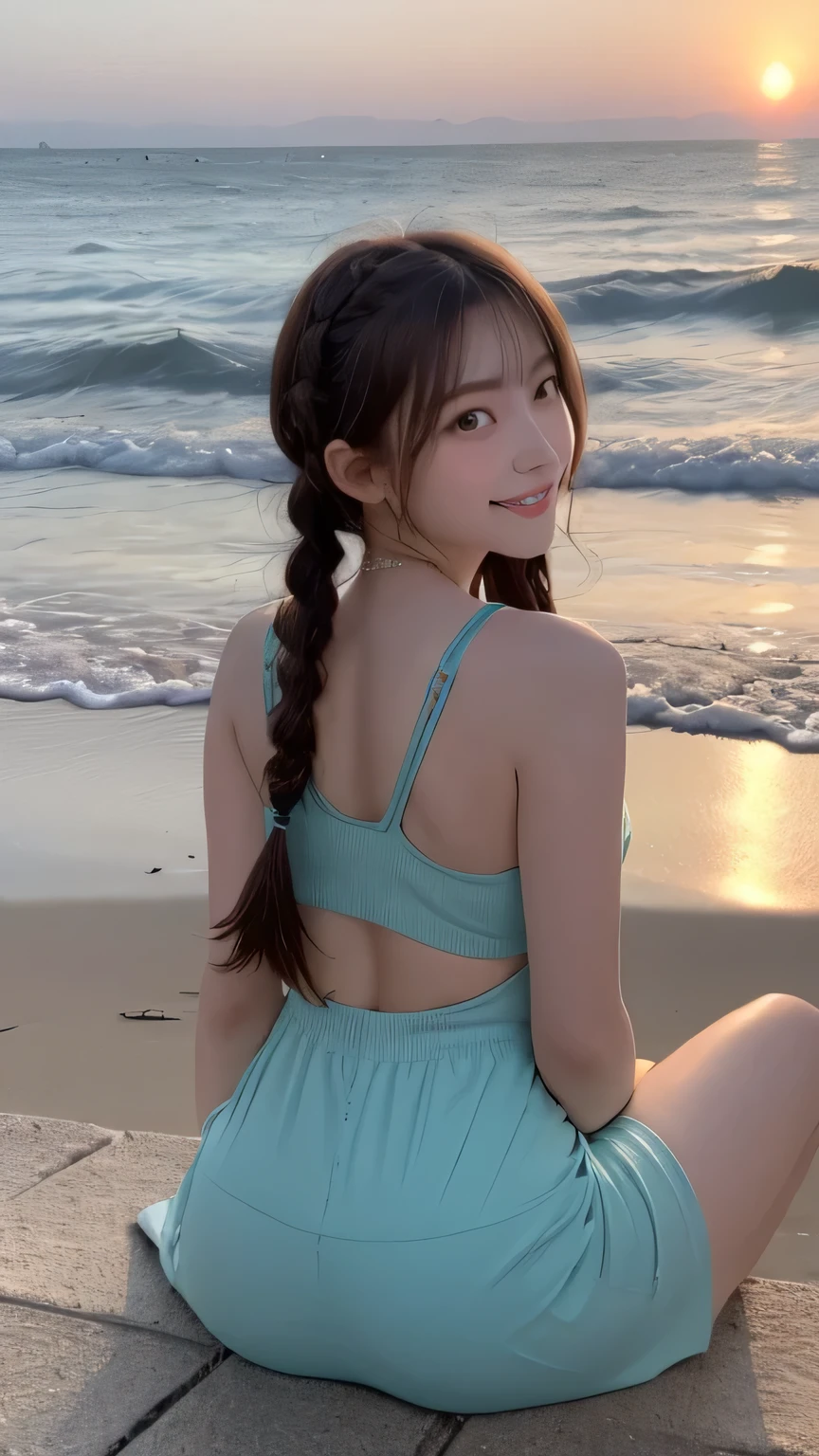 Best picture quality (8K, high resolution, Masterpiece: 1.2), super detailed,  215 Short Hair,Three braids long hair, 16-year-old woman, 


situation: early morning、16 year old girl greets the sunrise at the beach。
detailed:
angle: A girl sits on the beach、A shot from behind of a man gazing at the sun rising over the horizon。
atmosphere: The quiet and refreshing morning air、An expression of excitement at the sunrise。
background: The sky and sea dyed in the morning glow、Calmness on the Shore。


, random cute pose ,big eyes ,Puffy eyes ,  Heart Pupil, blush  , huge shy smile , salute


