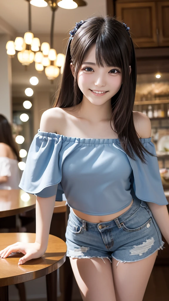 Tabletop, Highest quality, figure, Super detailed, In detail, High resolution, 8k wallpaper, Perfect dynamic composition, Beautiful attention to detail,Long Hair、smile,20-year-old girl、cute、Sexy look at the camera、Private Server、shopping、In town、Off-the-shoulder tops、Shorts