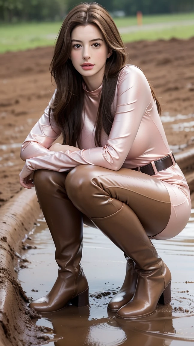 Young Anne Hathaway has long brown hair,Wearing a pink shiny full body suit，Full breasts，Long legs，Over the knee boots，Wear a belt，Crouching in the mud，Stuck in the mud，The body was covered in mud stains，Full body picture，Realistic