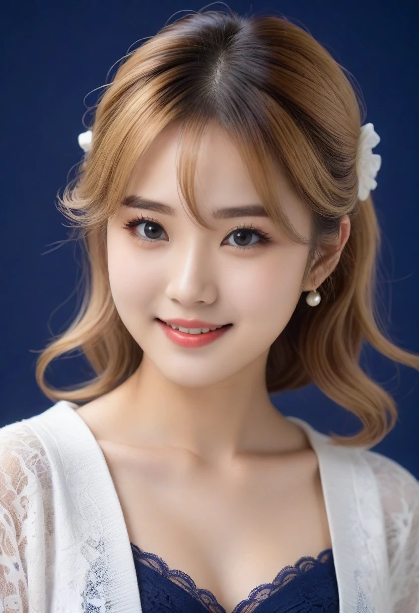8K, Ultra-high resolution, Highest quality, masterpiece, 三分割法によるphotograph,Surreal, photograph, 1 Girl, (16 years old:1.3), pretty girl, Cute face, Beautiful eyes in every detail, In detail,masterpiece,, One Girl:1.2, Japan Female Announcer,(A very cute 20 year old young woman from Japan.),  ((Light blonde delicate hair)), ((Short hair with side waves and twin tails)),(((Slim and slender figure)))，Medium bust size､Small breasts､ (((Clean your hands)))，(curly/curly髪)，(((A very kind smile))), (((She is wearing navy blue and white lace panties.)))，(((She is wearing a navy blue and white knitted dress.))) ，((Highest quality, 16 k race, Pieces fly: 1.3)), Light on the face, Highly detailed face, Highly detailed lips, Fine grain,