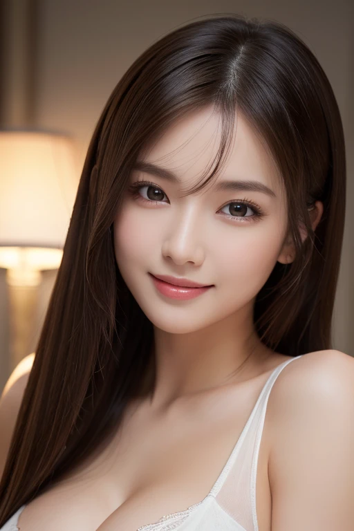 masterpiece, Best Quality, (hyper realisitic:1.4), (Smooth lighting:1.05), Ultra-detailed, finely detail, hight resolution, 8K Wallpaper, Perfect dynamic composition, Beautiful detailed eyes, Beautiful Women with Perfect Figure: 1.4, Slender Abs: 1.2, large breasts, natural color lip, Long straight Hair, Highly Detailed Face and Skin Texture, 20 years girl, Perfect and beautiful face, Sexy shot looking at camera, smile, bed