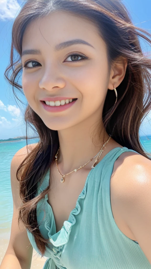 (Highest quality、8K、Masterpiece：1.3）、pull angle、whole body、Lens used: F2.8、50mm、CameraSony、Beauty、One Girl、Slender Abs： 1.1、Brown long hair、（whole body、Down to the feet：1.2）、Ultra-detailed face、Highly detailed lips、Detailed eyes、double eyelid、necklace、Select a watch as an accessory、Cute summer dresses、Beautiful Beach Background、Highly detailed face and skin、Detailed eyes、double eyelid、The best smile ever" 
