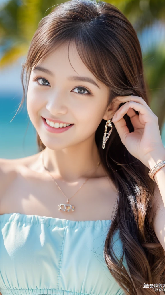 (Highest quality、8K、Masterpiece：1.3）、pull angle、whole body、Lens used: F2.8、50mm、CameraSony、Beauty、One Girl、Slender Abs： 1.1、Brown long hair、（whole body、Down to the feet：1.2）、Ultra-detailed face、Highly detailed lips、Detailed eyes、double eyelid、necklace、Select a watch as an accessory、Cute summer dresses、Beautiful Beach Background、Highly detailed face and skin、Detailed eyes、double eyelid、The best smile ever" 