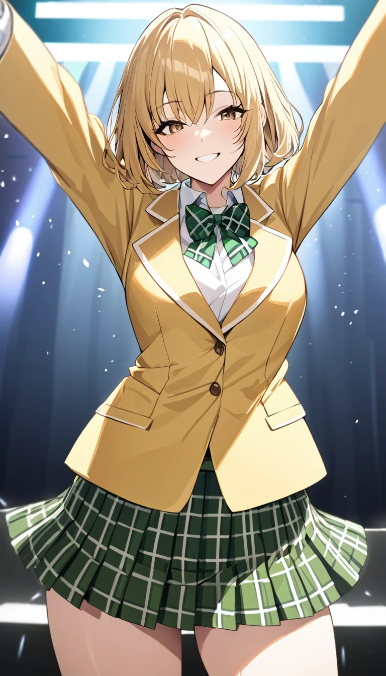 masterpiece, best quality, highres, 1girl, solo, blonde medium hair, brown eyes, , green bowtie, blazer, yellow jacket, long sleeves, plaid skirt, green skirt, standing, spread arms,cowboy shot,on stage, smile,from front