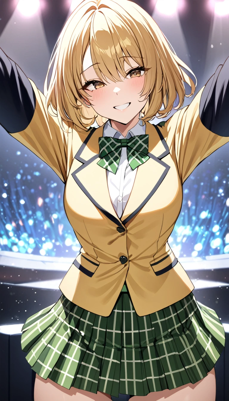 masterpiece, best quality, highres, 1girl, solo, blonde medium hair, brown eyes, , green bowtie, blazer, yellow jacket, long sleeves, plaid skirt, green skirt, standing, spread arms,cowboy shot,on stage, smile,from front