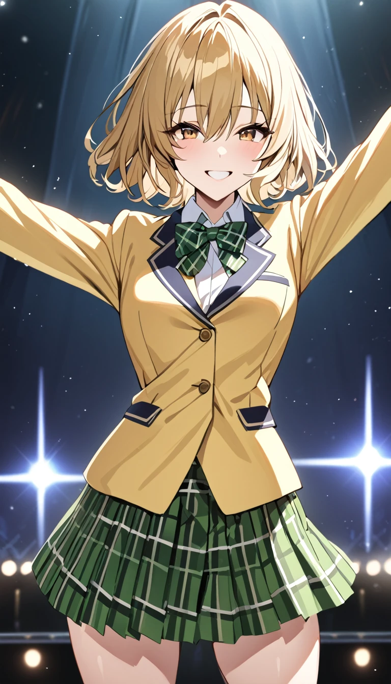 masterpiece, best quality, highres, 1girl, solo, blonde medium hair, brown eyes, , green bowtie, blazer, yellow jacket, long sleeves, plaid skirt, green skirt, standing, spread arms,cowboy shot,on stage, smile,from front