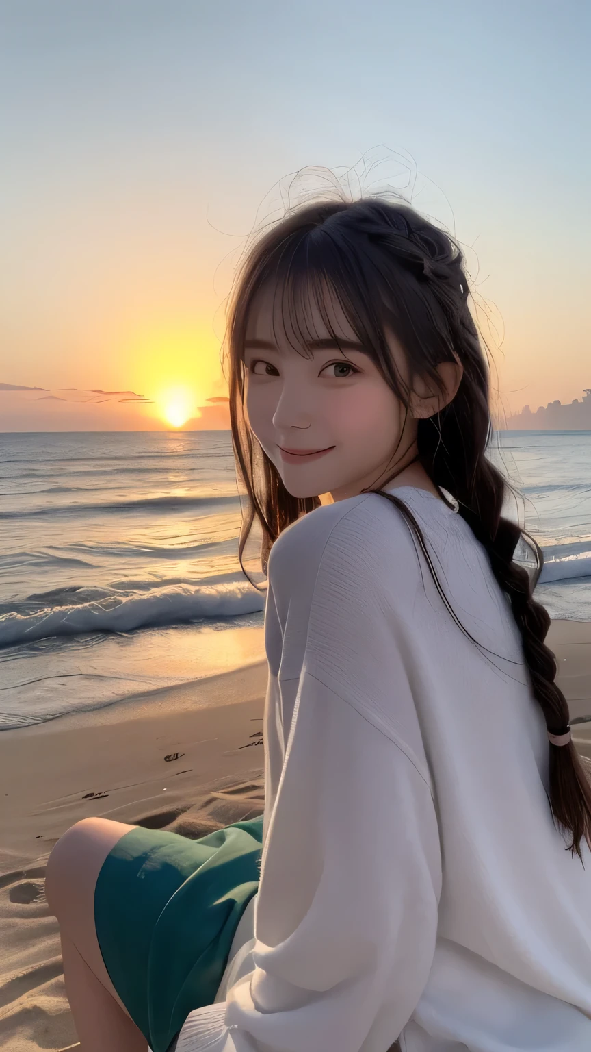 Best picture quality (8K, high resolution, Masterpiece: 1.2), super detailed,  215 Short Hair,Three braids long hair,  woman, 


situation: early morning、16 year olds the sunrise at the beach。
detailed:
angle: A girl sits on the beach、A shot from behind of a man gazing at the sun rising over the horizon。
atmosphere: The quiet and refreshing morning air、An expression of excitement at the sunrise。
background: The sky and sea dyed in the morning glow、Calmness on the Shore。


, random cute pose ,big eyes ,Puffy eyes ,  Heart Pu blush  , huge shy smile , salute


