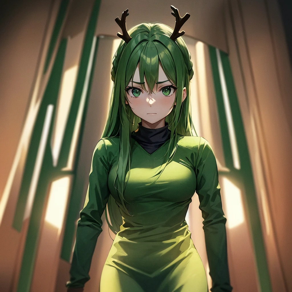 Generate an image of a female public relations activist with a serious expression, standing upright and facing directly forward in a chest-up portrait style, resembling a passport photo. She is wearing green clothing and has antlers growing from her head. Ensure the background is simple to highlight her presence.
