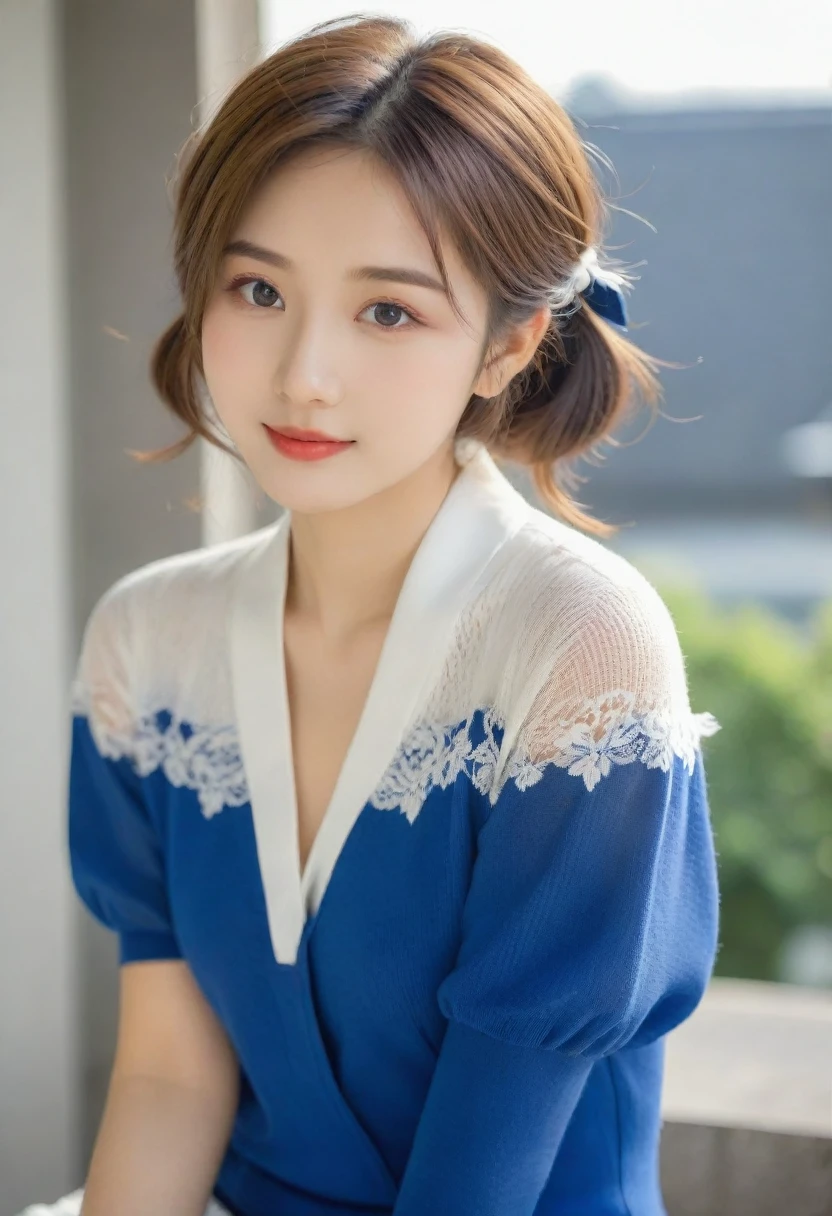 8K, Ultra-high resolution, Highest quality, masterpiece, 三分割法によるphotograph,Surreal, photograph, 1 Girl, (:1.3), pretty girl, Cute face, Beautiful eyes in every detail, In detail,masterpiece,, One Girl:1.2, Japan Female Announcer,(A very cute 20 year old young woman from Japan.), ((Light blonde delicate hair)), ((Short hair with side waves and twin tails)),(((Slim and slender figure))),Medium bust size、Small breasts、 (((Clean your hands))),(curly/curly髪),(((A very kind smile))), (((She is wearing navy blue and white lace panties.))),(((She is wearing a navy blue and white knitted dress.))) ,((Highest quality, 16 k race, Pieces fly: 1.3)), Light on the face, Highly detailed face, Highly detailed lips, Fine grain,