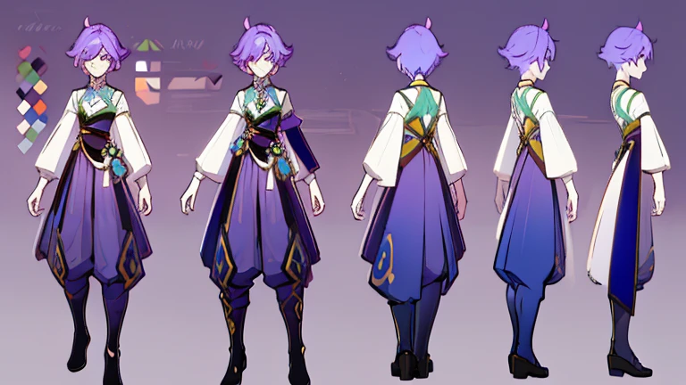 (Masterpiece, best quality), detailed, 1 woman, ((character concept art)), ((character design sheet, same character, front, side, back)), full body, body complete, 1 female, 1 women. Detailed face, character design sheet full body, Highly detailed, character sheet, character design, Many parts, pale skin, green eyes, short purple hair, male hairstyle, short male hair, lavender flower, lavender flower reference, lavender flower character reference, lavender flower inspired, male clothes, flat chest, Solarpunk, Solarpunk reference, Solarpunk inspired outfit, pants.