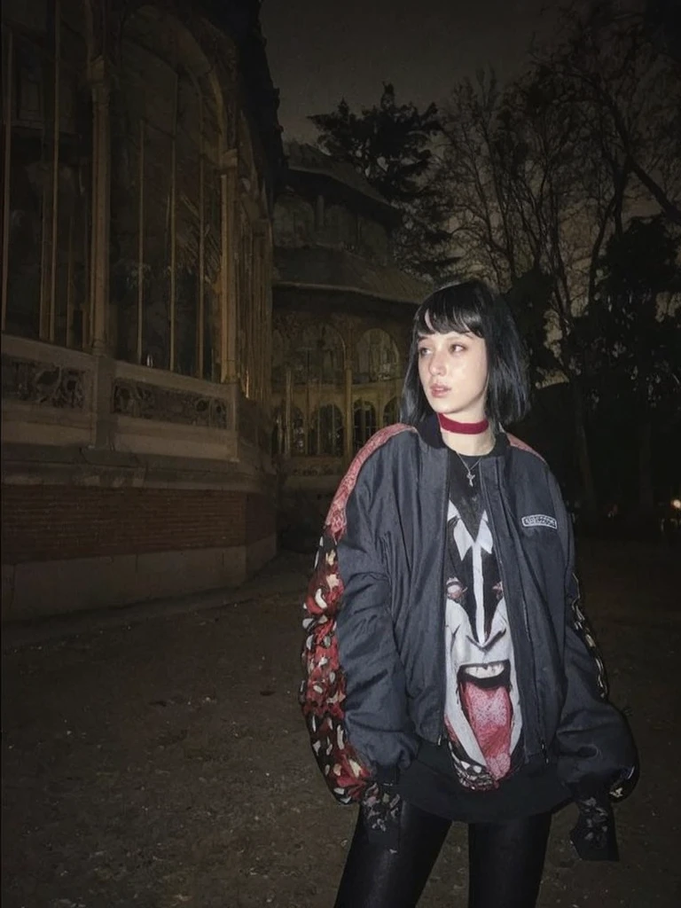 Pale teenage girl with silky black hair and bangs above her eyebrows, with small pink lips and a small, thin potato nose, and light green eyes, taking a photo in a dark and lonely place distracted with a black sweatshirt and black leggings and good quality