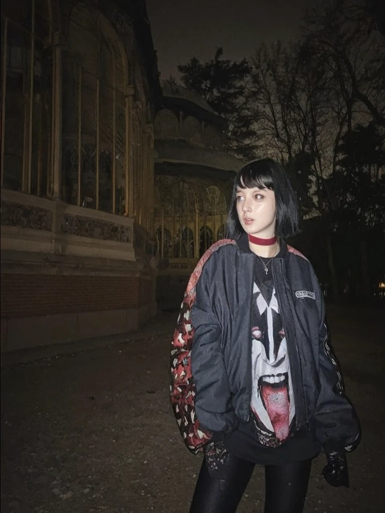 Pale teenage girl with silky black hair and bangs above her eyebrows, with small pink lips and a small, thin potato nose, and light green eyes, taking a photo in a dark and lonely place distracted with a black sweatshirt and black leggings and good quality