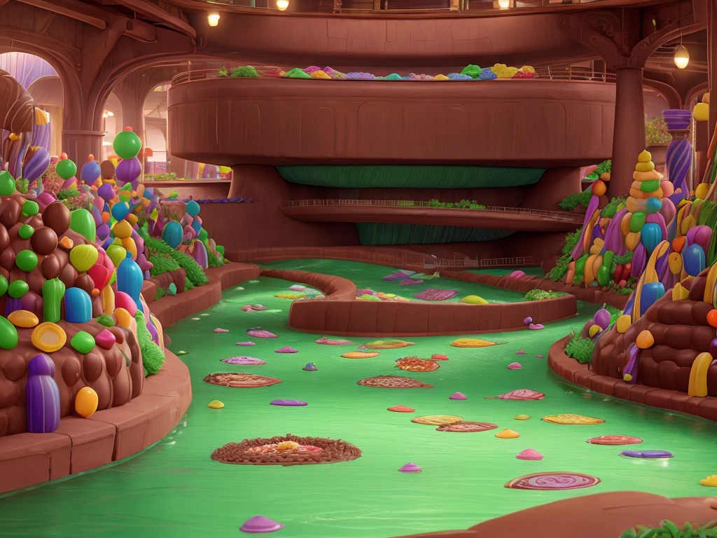 Inside willy Wonka's chocolate factory
Flowing chocolate rivers and waterfall made of chocolate, grass covered floor resemblance of a peppermint candy texture, other candy and sweets spread throughout the factory. Add a go-kart racetrack made from a candy strip rainbow color with sugar sprinkles ontop, and gummi bears playing in the chocolate factory