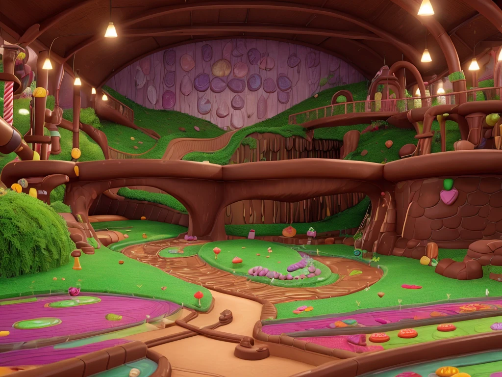 Inside willy Wonka's chocolate factory 
Flowing chocolate rivers and waterfall made of chocolate, grass covered floor resemblance of a peppermint candy texture, other candy and sweets spread throughout the factory. Add a go-kart racetrack made from a candy strip rainbow color with sugar sprinkles ontop, and gummi bears playing in the chocolate factory 