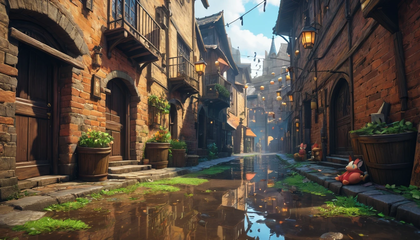 (anime, fantasy, small alley), (detailed CG unity 8k wallpaper, masterpiece, best quality, ultra-detailed, HDR:1.2, depth of field), vibrant colors, intricate, high FXAA, dark fantasy, dark alley way in medieval city, medieval, close-up, puddle, mice, trash, raining, people