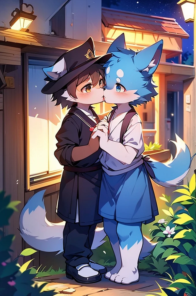 Blue fur, Canine, fox motif, Couple of girls and boys, uniform、Hand in hand，One boy，One Girl，night，kiss