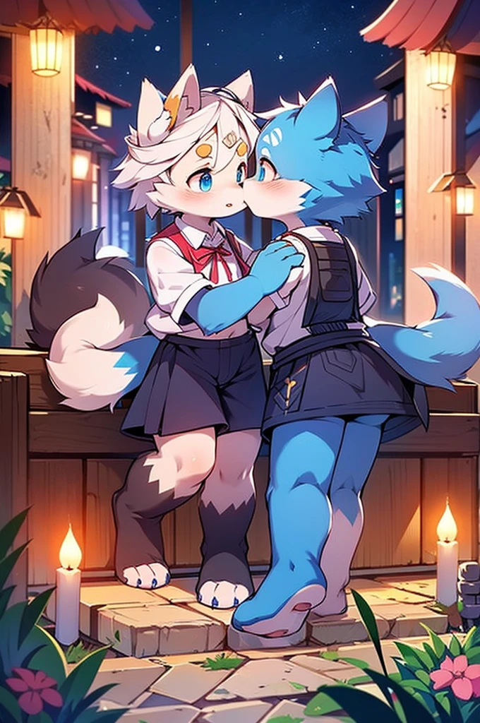 Blue fur, Canine, fox motif, Couple of girls and boys, uniform、Hand in hand，One boy，One Girl，night，kiss
