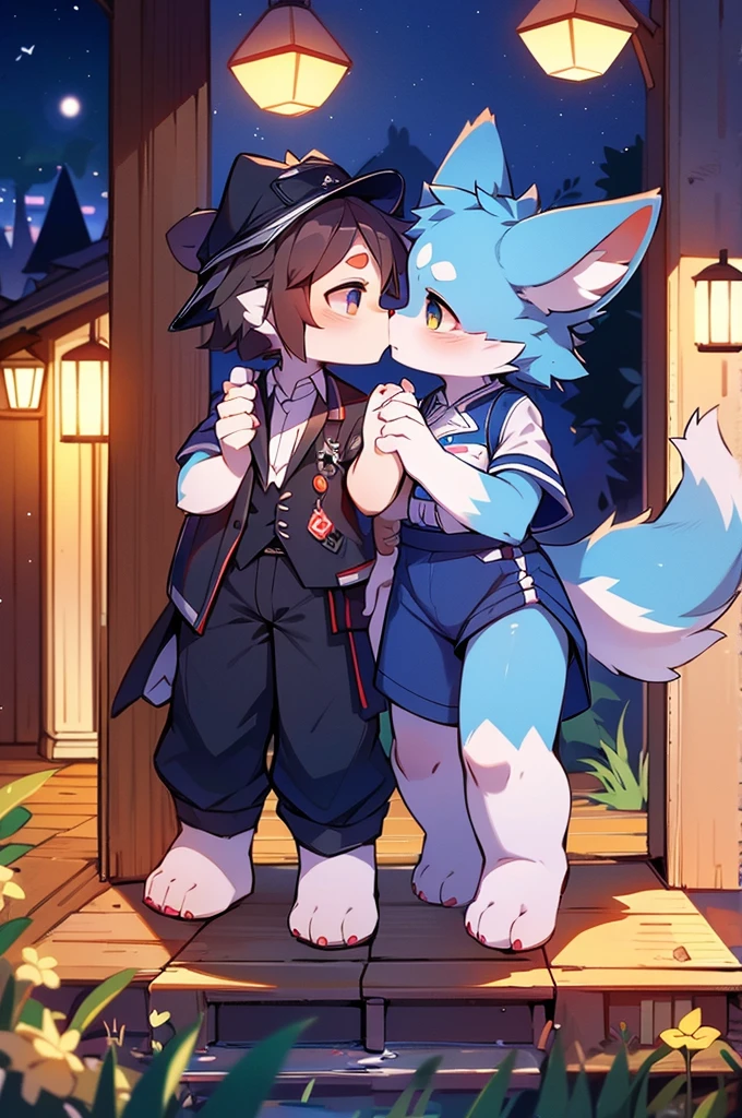 Blue fur, Canine, fox motif, Couple of girls and boys, uniform、Hand in hand，One boy，One Girl，night，kiss