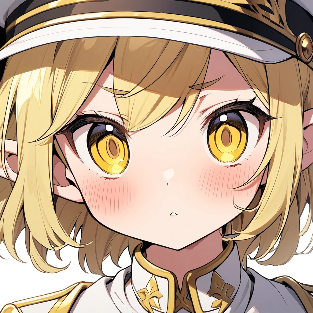 Blonde hair, gold eyes, ,blonde hair,, {white blazer}}, looking at viewer, blush, {{gold trim}},, elf ear, yellow eyes. . portrait, flat cap