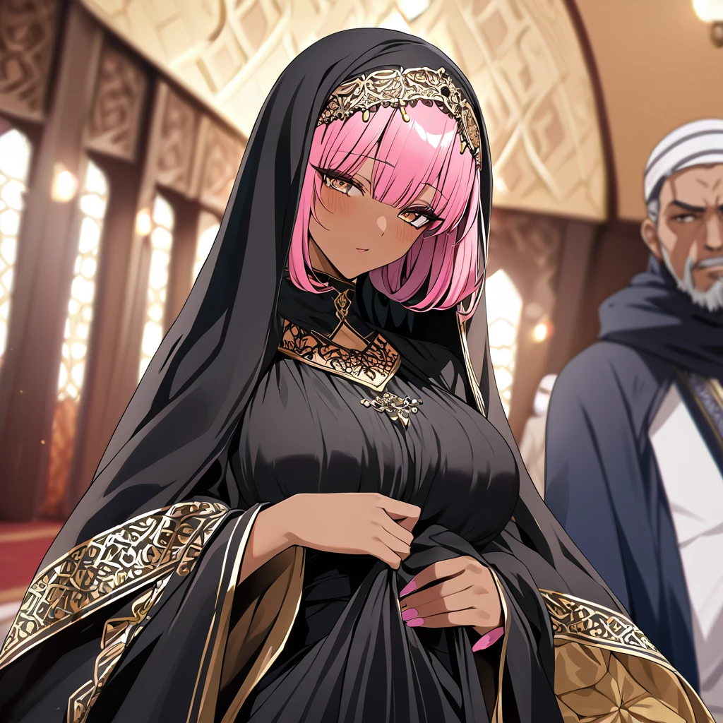 ((Highest quality)), ((masterpiece)), (detailed), （Perfect Face）、Women must wear black hijabs and niqabs、The woman is Momo Beria Deviluke, a devout Muslim., Arab with bright brown skin, In an Islamic prayer hall、She wears a gorgeous black abaya with gold embroidery.。, A gorgeous black hijab and niqab tightly covers her head, Gorgeous hair ornament, Gorgeous jewellery and engagement rings. The woman and the man are in a luxurious palace, And the woman、Wearing Arab national dress、In an Islamic prayer hall with a dignified bearded middle-aged Arab Muslim man、The woman is the elegant Momo Belia Deviluke., Pink hair short bob, Black abaya and、The woman is wearing a gorgeous black hijab and niqab. She is a devout Muslim Arab with vibrant brown skin.。.、（The woman was named Momo Belia Deviluke.、He is a dark-skinned Arab and a devout Muslim.）