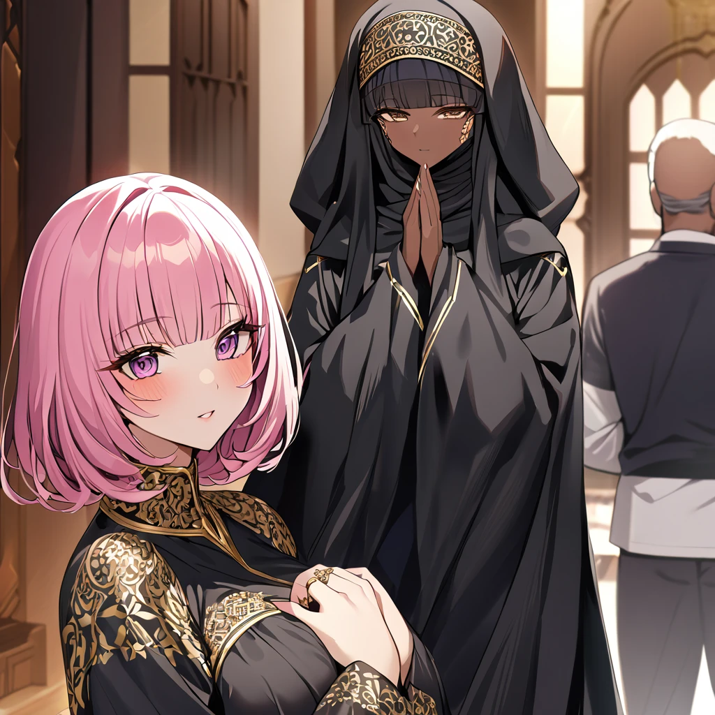 ((Highest quality)), ((masterpiece)), (detailed), (Perfect Face)、Women must wear black hijabs and niqabs、The woman is Momo Beria Deviluke, a devout Muslim., Arab with bright brown skin, In an Islamic prayer hall、She wears a gorgeous black abaya with gold embroidery.。, A gorgeous black hijab and niqab tightly covers her head, Gorgeous hair ornament, Gorgeous jewellery and engagement rings. The woman and the man are in a luxurious palace, And the woman、Wearing Arab national dress、In an Islamic prayer hall with a dignified bearded middle-aged Arab Muslim man、The woman is the elegant Momo Belia Deviluke., Pink hair short bob, Black abaya and、The woman is wearing a gorgeous black hijab and niqab. She is a devout Muslim Arab with vibrant brown skin.。.、(The woman was named Momo Belia Deviluke.、He is a dark-skinned Arab and a devout Muslim.)