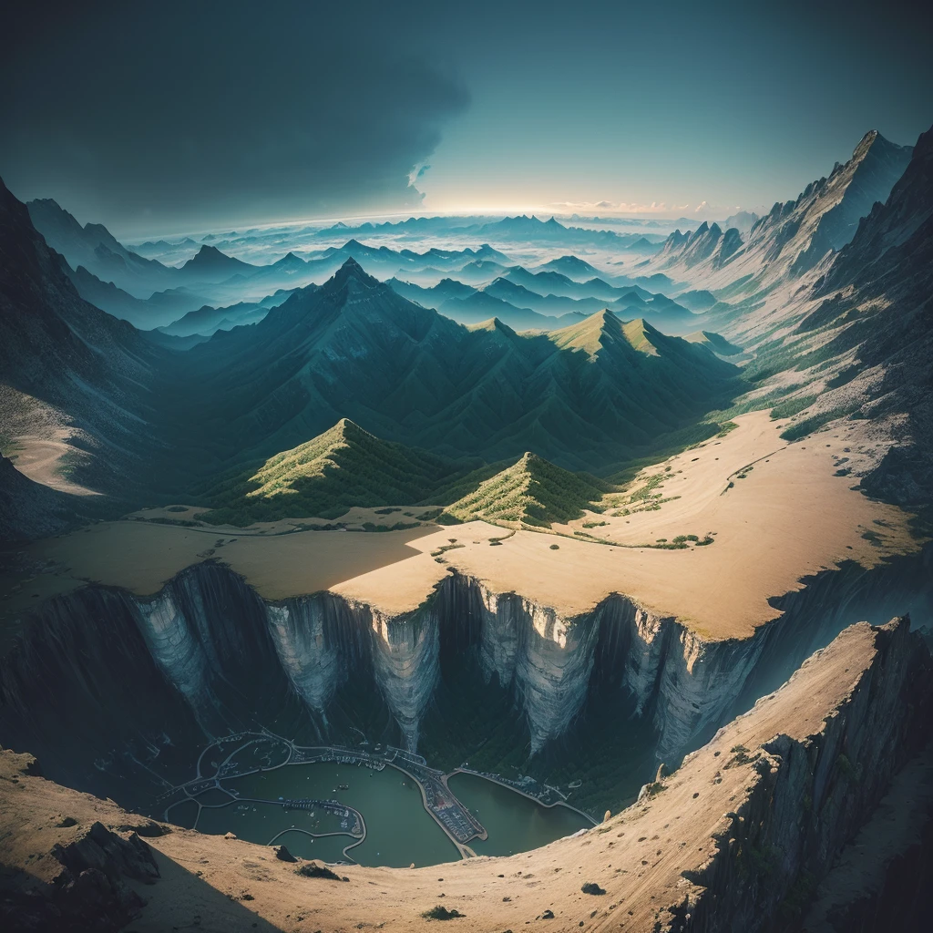 ((masterpiece)),((Highest quality)),((Lots of details)),((Realistic feel)), ((View from quite above:1.6))Pitch Black, night, Future City, nature, Moonlight shines, Building Shadows, Dim and dim, High Contrast