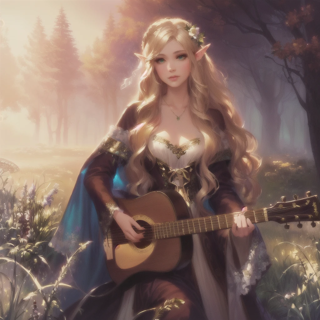 high quality、There is a woman holding a bodhran in a flower field., Fantasy art style, Beautiful fantasy art, Elven bard of the forest playing the lute, fog、Beautiful fantasy art portrait, Fantasy Art, very Beautiful fantasy art,, Detailed fantasy digital art, epic Fantasy art style hd, epic Fantasy art style, Detailed fantasy art, Amazing fantasy art