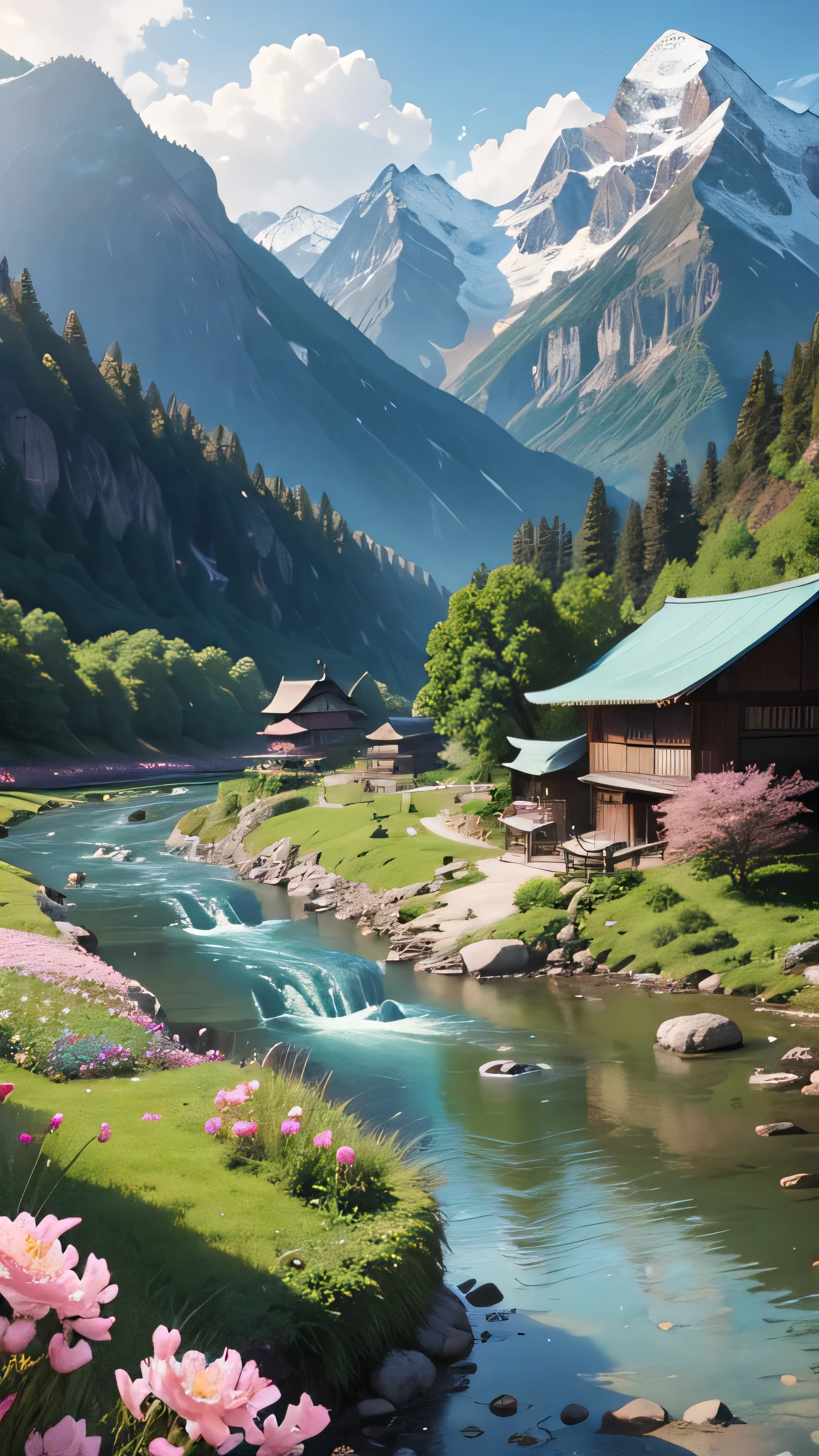 Background there are mountain and river is flowing. Side of the river has a Chinese old days home and a  standing out side the home. There are three with pink colour flowers