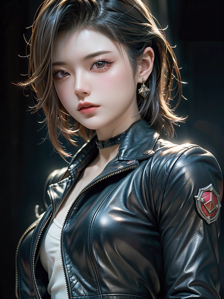 ((Highest quality)),(Ultra-high resolution),(Very detailed),(Detailed Description),((The best CG)),(masterpiece),Ultra-detailed art, Black background、Dramatic lighting1.2、Gives off a radiant aura、semi-long、(((Mid-shot photo 1.5)))、Always look at the viewer with a sharp gaze、、leather jacket、put on top of naked body、The world of Resident Evil 1.2、Have a shotgun