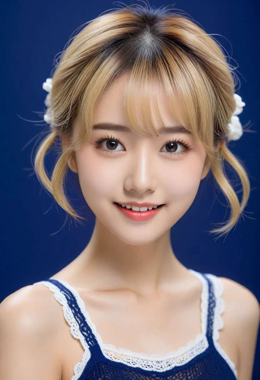 8K, Ultra-high resolution, Highest quality, masterpiece, 三分割法によるphotograph,Surreal, photograph, 1 Girl, (16 years old:1.3), pretty girl, Cute face, Beautiful eyes in every detail, In detail,masterpiece,, One Girl:1.2, Japan Female Announcer,(A very cute 20 year old young woman from Japan.),  ((Light blonde delicate hair)), ((Short hair with side waves and twin tails)),(((Slim and slender figure)))，Medium bust size､Small breasts､ (((Clean your hands)))，(curly/curly髪)，(((A very kind smile))), (((She is wearing navy blue and white lace panties.)))，(((She is wearing a navy blue and white knitted dress.))) ，((Highest quality, 16 k race, Pieces fly: 1.3)), Light on the face, Highly detailed face, Highly detailed lips, Fine grain,