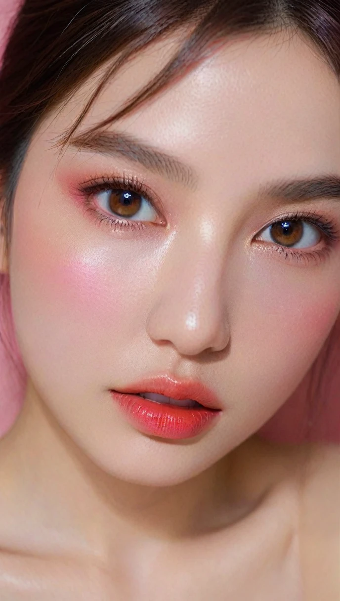 Ultra-realistic movie master pie with ultra-detailed primetime portraits, high quality, 8K, table top, Ultra HD), 1 girl 20 years old、nude supermodel, ((Random style and color hair)), masterpiece, high quality, high quality, High resolution、(close up of face), black_mascara put in Long eyelashes:1.5, dark (eyesshadows:1.35), (Glossy) red_lips:1.24, ((brown_eyes)), (iridescent eyes), vibrant eyes:1.35, high contrast, dark shot:1.5, ((pink_makeup cheeks:1.2))