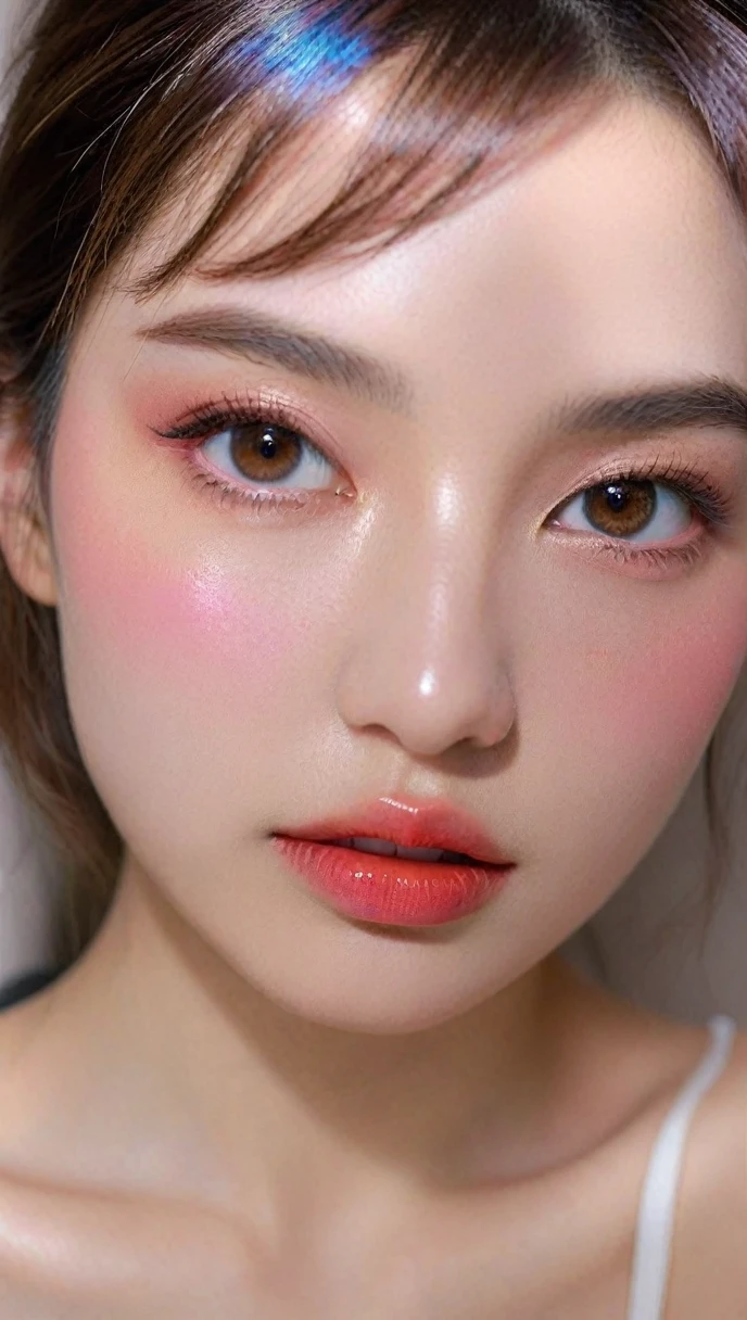 Ultra-realistic movie master pie with ultra-detailed primetime portraits, high quality, 8K, table top, Ultra HD), 1 girl 20 years old、nude supermodel, ((Random style and color hair)), masterpiece, high quality, high quality, High resolution、(close up of face), black_mascara put in Long eyelashes:1.5, dark (eyesshadows:1.35), (Glossy) red_lips:1.24, ((brown_eyes)), (iridescent eyes), vibrant eyes:1.35, high contrast, dark shot:1.5, ((pink_makeup cheeks:1.2))