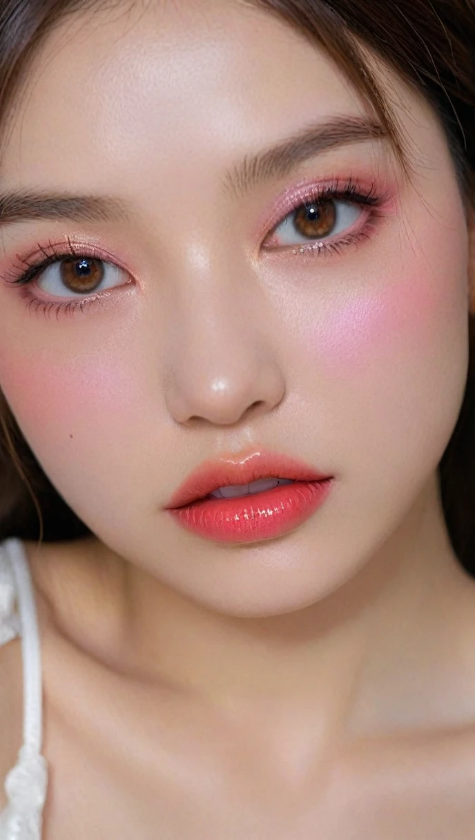 Ultra-realistic movie master pie with ultra-detailed primetime portraits, high quality, 8K, table top, Ultra HD), 1 girl 20 years old、nude supermodel, ((Random style and color hair)), masterpiece, high quality, high quality, High resolution、(close up of face), black_mascara put in Long eyelashes:1.5, dark (eyesshadows:1.35), (Glossy) red_lips:1.24, ((brown_eyes)), (iridescent eyes), vibrant eyes:1.35, high contrast, dark shot:1.5, ((pink_makeup cheeks:1.2))