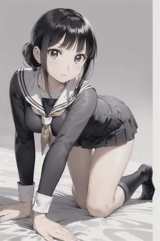View your viewers,
Black Hair,(Tied Hair,Blunt bangs:1.2), Small breasts,
(Sailor suit、mini skirt、Panty shot、Panties), (Highest quality:1.3),One girl,On all fours、Backwards、look back、Sexy pose