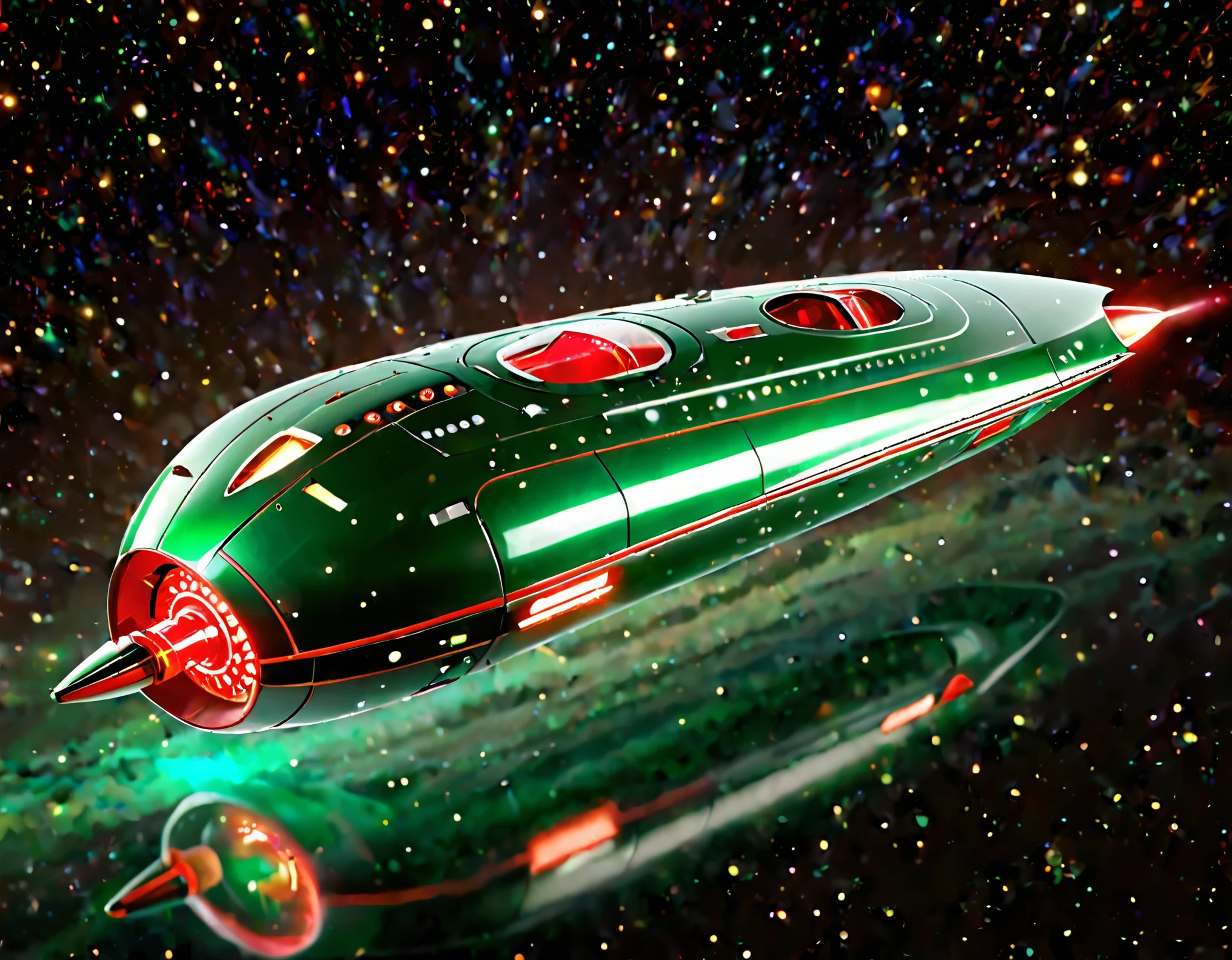 An advanced starship traveling through space, set against a gradient sky of dark green to red with tiny stars. The ship’s sleek design includes a prominent circular front, elongated body, and nacelles, with a metallic finish and bright lights accentuating its futuristic look.