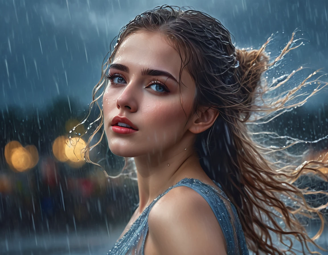 a young woman dancing in the rain, beautiful detailed eyes, beautiful detailed lips, extremely detailed eyes and face, long eyelashes, elegant long dress, flowing hair, water droplets, moody cloudy sky, cinematic lighting, dramatic colors, fantasy, surreal, hyperrealistic, 8k, high quality, photorealistic, professional digital painting, masterpiece