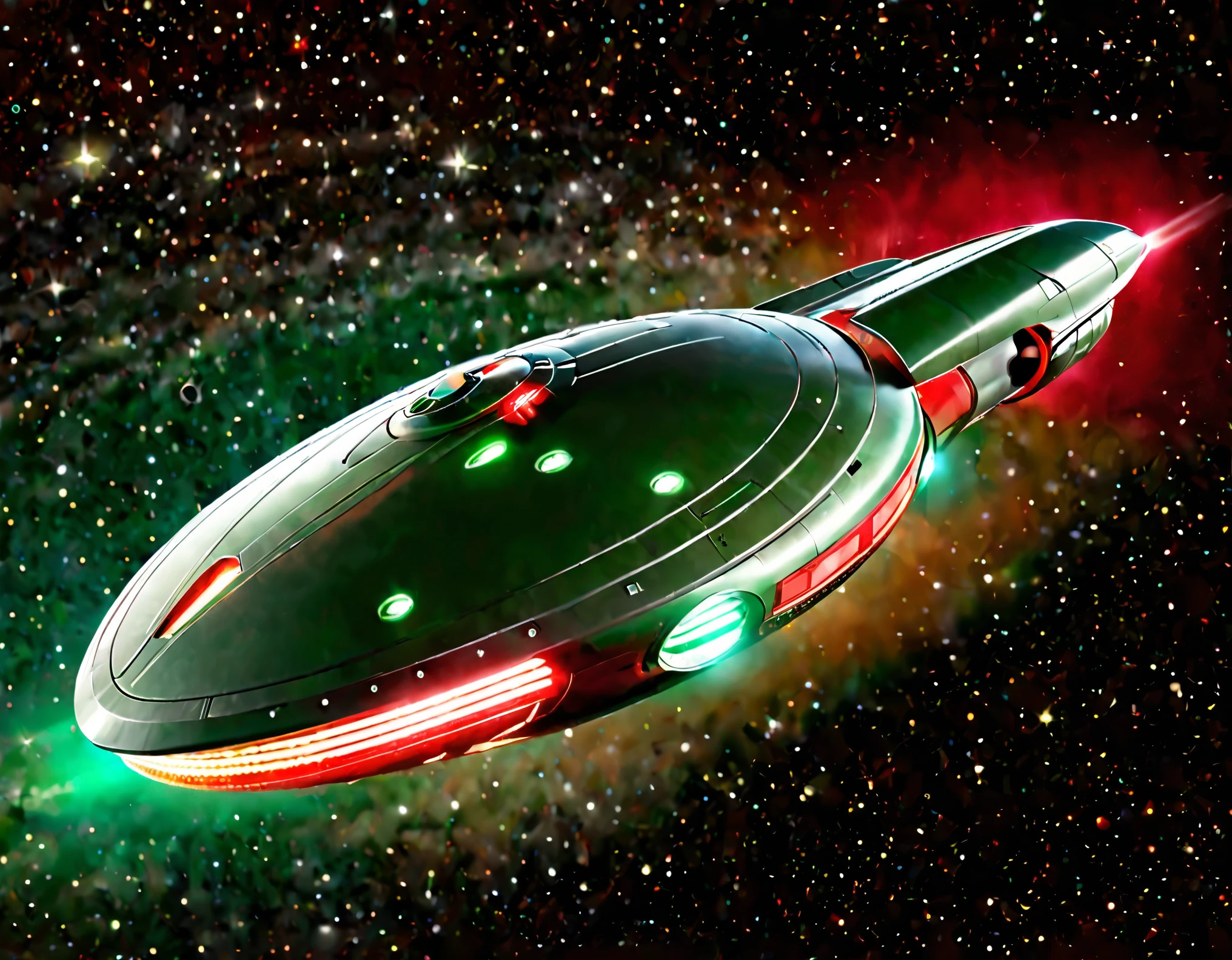 An advanced starship traveling through space, set against a gradient sky of dark green to red with tiny stars. The ship’s sleek design includes a prominent circular front, elongated body, and nacelles, with a metallic finish and bright lights accentuating its futuristic look.