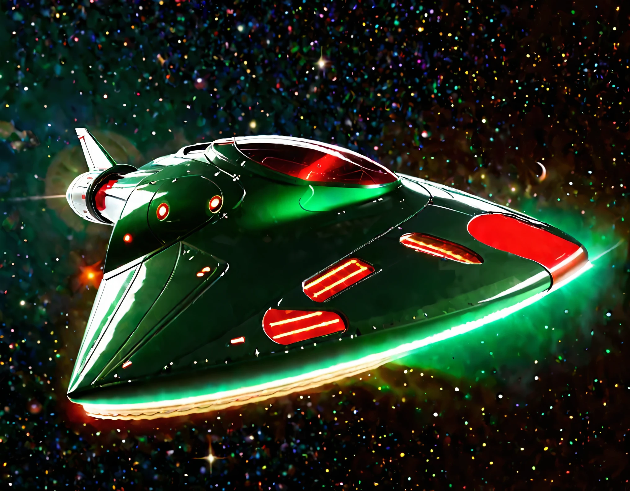 An advanced starship traveling through space, set against a gradient sky of dark green to red with tiny stars. The ship’s sleek design includes a prominent circular front, elongated body, and nacelles, with a metallic finish and bright lights accentuating its futuristic look.