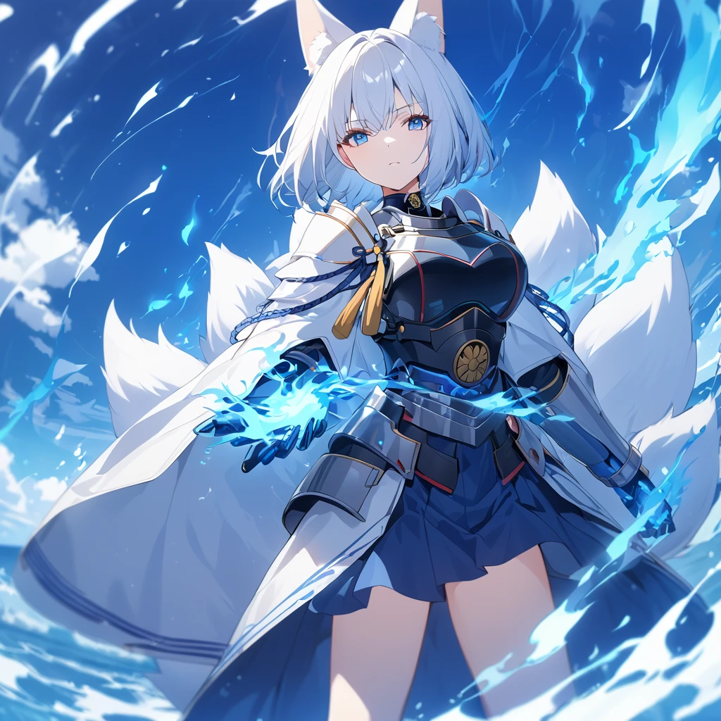 A woman wearing heavy blue armor with white trim, long white fur cape, samurai shoulder pad, metal samurai breastplate, metal boots, samurai bracelet, large breasts, blue flames on hands, blue flames, blue aura of flames, blue eyes emitting flames, white hair, short hair kitsune ear, kitsune tail, multi tail, large white fox in the background, wide sea view
