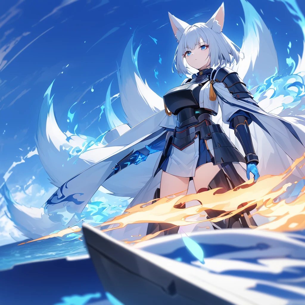 A woman wearing heavy blue armor with white trim, long white fur cape, samurai shoulder pad, metal samurai breastplate, metal boots, samurai bracelet, large breasts, blue flames on hands, blue flames, blue aura of flames, blue eyes emitting flames, white hair, short hair kitsune ear, kitsune tail, multi tail, large white fox in the background, wide sea view
