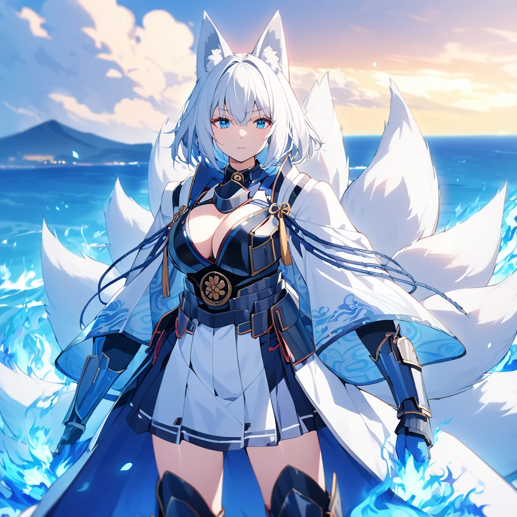 A woman wearing heavy blue armor with white trim, long white fur cape, samurai shoulder pad, metal samurai breastplate, metal boots, samurai bracelet, large breasts, blue flames on hands, blue flames, blue aura of flames, blue eyes emitting flames, white hair, short hair kitsune ear, kitsune tail, multi tail, large white fox in the background, wide sea view
